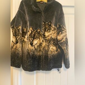 Vintage Wolf Print Fleece Jacket